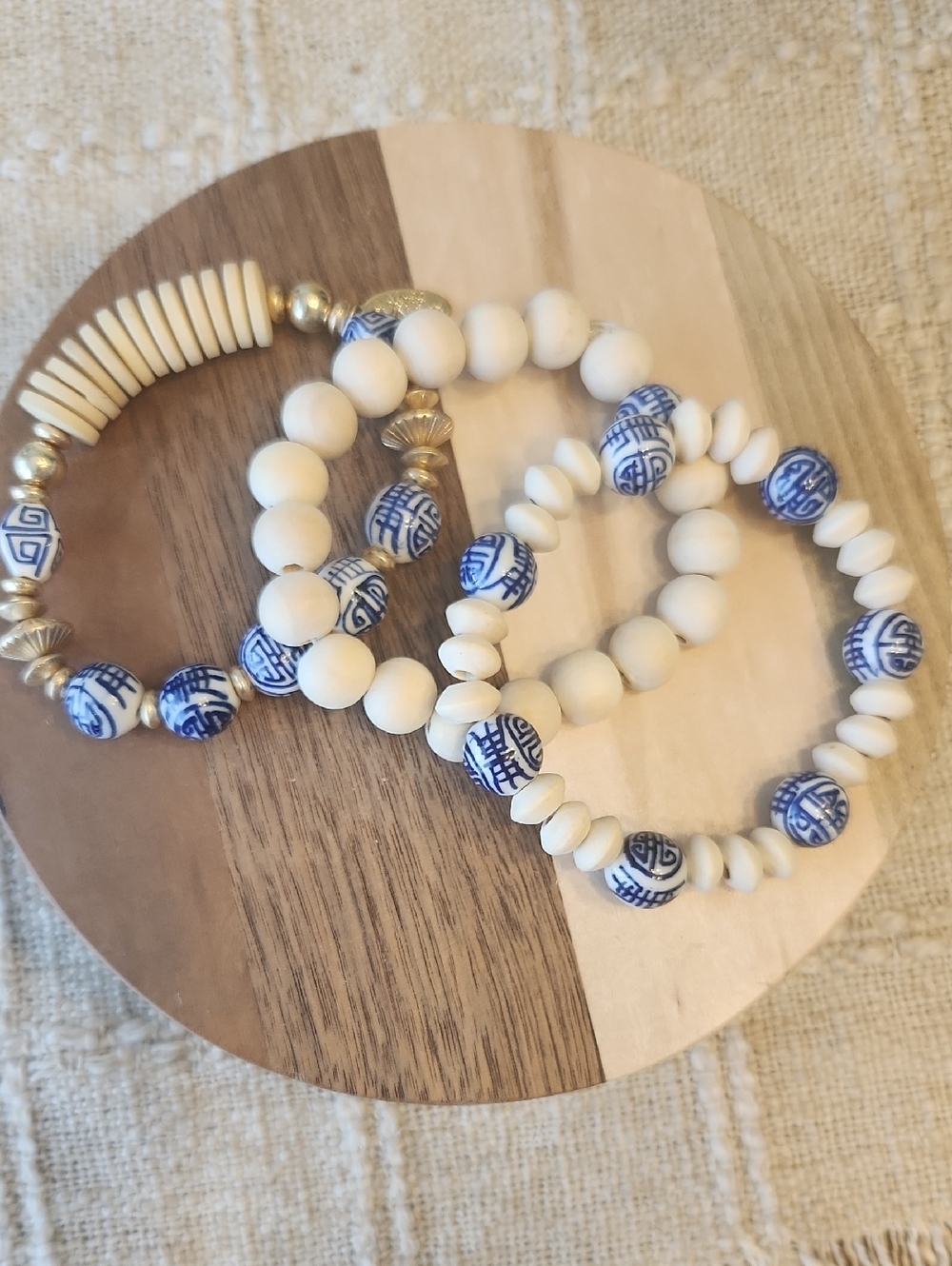 White and Blue Bead Stretch Bracelet Set - Ceramic Accent Jewelry